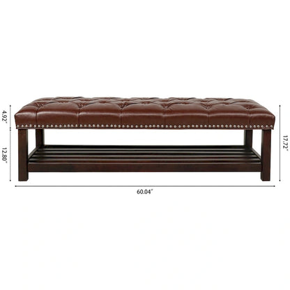 Wooden Base Upholstered Bench for Bedroom for Entryway,60 with Nailhead Trim and Shelf