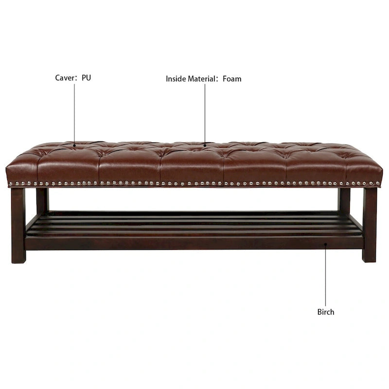 Wooden Base Upholstered Bench for Bedroom for Entryway,60 with Nailhead Trim and Shelf