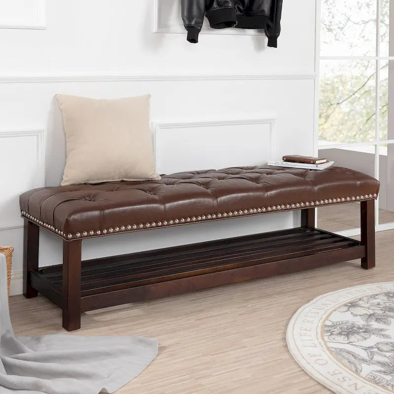 Wooden Base Upholstered Bench for Bedroom for Entryway,60 with Nailhead Trim and Shelf