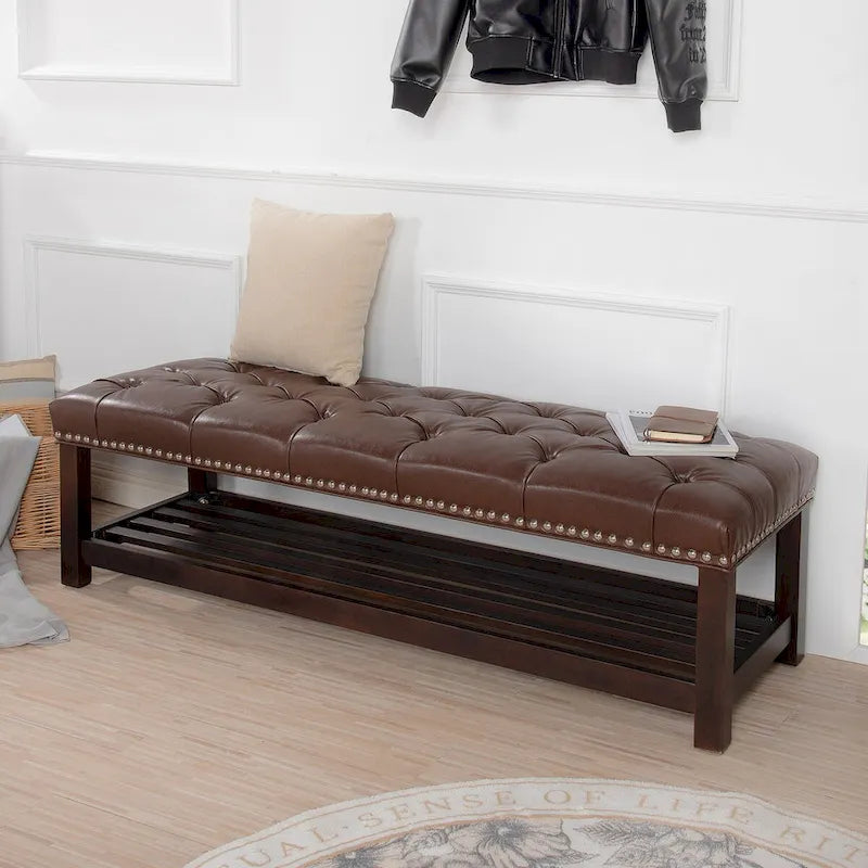 Wooden Base Upholstered Bench for Bedroom for Entryway,60 with Nailhead Trim and Shelf