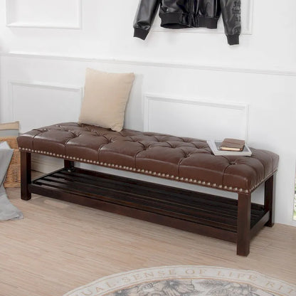 Wooden Base Upholstered Bench for Bedroom for Entryway,60 with Nailhead Trim and Shelf