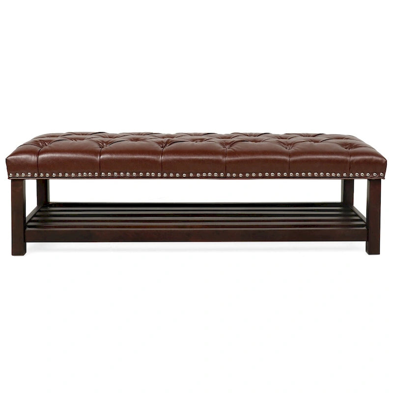 Wooden Base Upholstered Bench for Bedroom for Entryway,60 with Nailhead Trim and Shelf