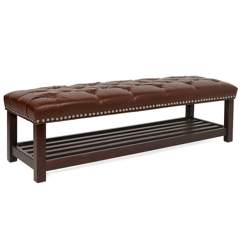 Wooden Base Upholstered Bench for Bedroom for Entryway,60 with Nailhead Trim and Shelf