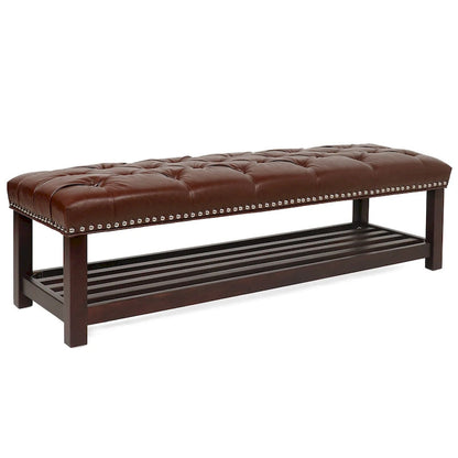 Wooden Base Upholstered Bench for Bedroom for Entryway,60 with Nailhead Trim and Shelf