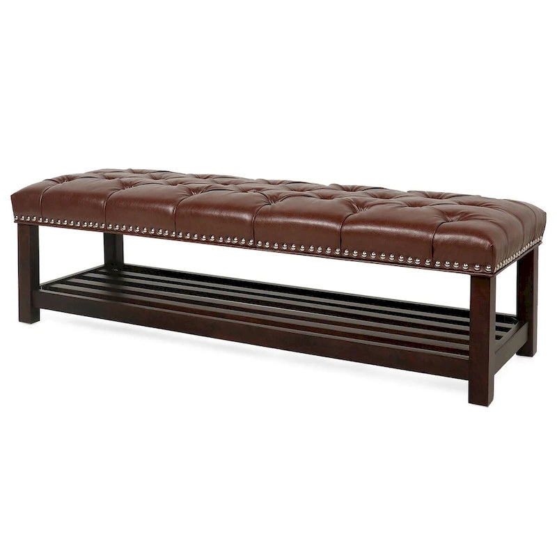 Wooden Base Upholstered Bench for Bedroom for Entryway,60 with Nailhead Trim and Shelf