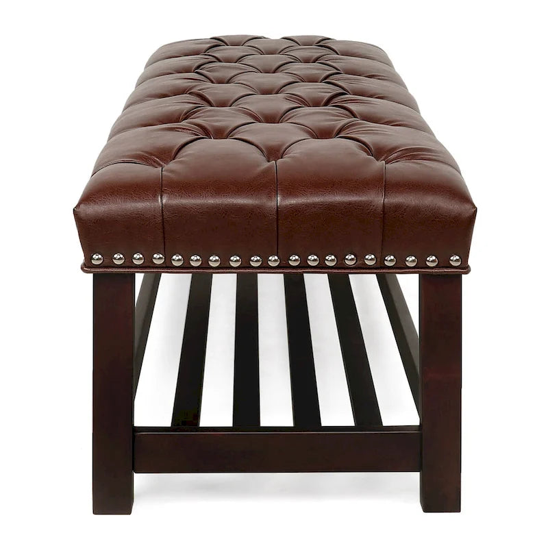 Wooden Base Upholstered Bench for Bedroom for Entryway,60 with Nailhead Trim and Shelf