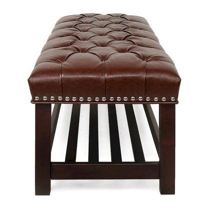 Wooden Base Upholstered Bench for Bedroom for Entryway,60 with Nailhead Trim and Shelf