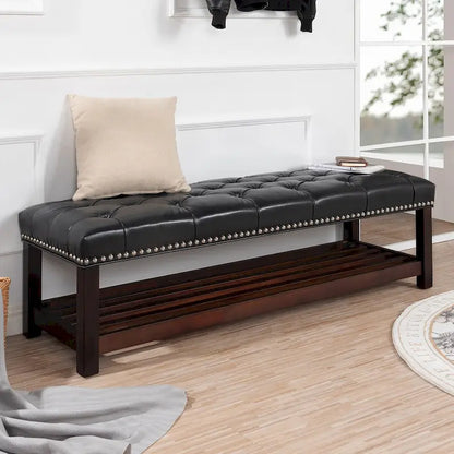 Wooden Base Upholstered Bench for Bedroom for Entryway,60 with Nailhead Trim and Shelf
