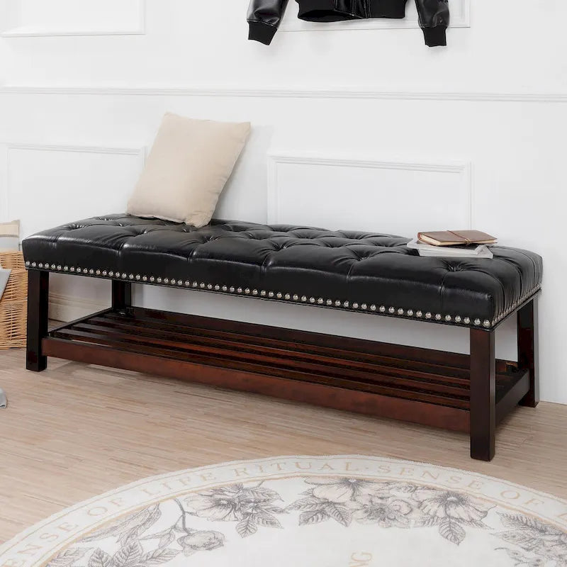Wooden Base Upholstered Bench for Bedroom for Entryway,60 with Nailhead Trim and Shelf