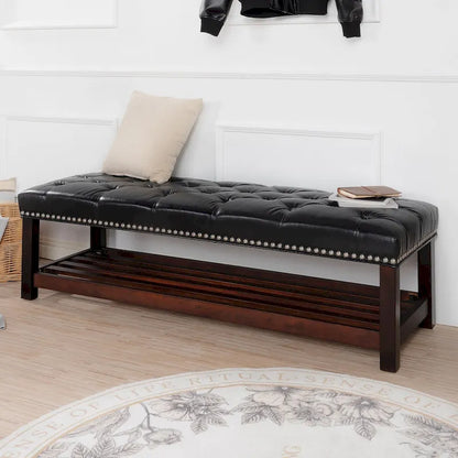 Wooden Base Upholstered Bench for Bedroom for Entryway,60 with Nailhead Trim and Shelf