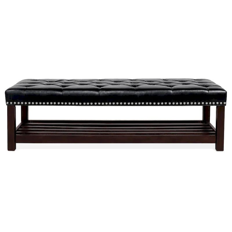 Wooden Base Upholstered Bench for Bedroom for Entryway,60 with Nailhead Trim and Shelf