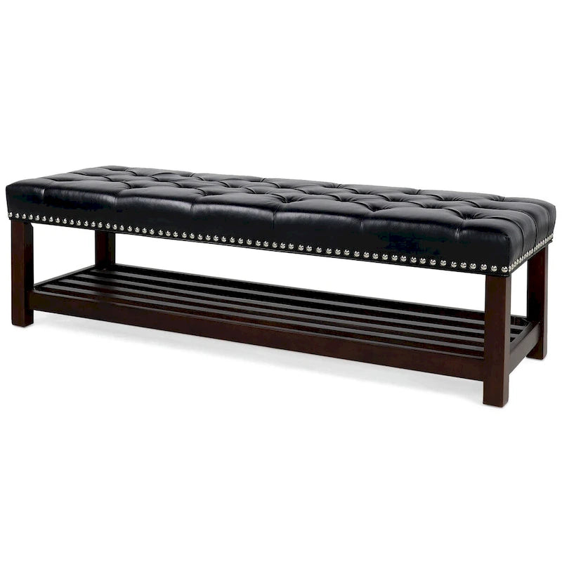 Wooden Base Upholstered Bench for Bedroom for Entryway,60 with Nailhead Trim and Shelf