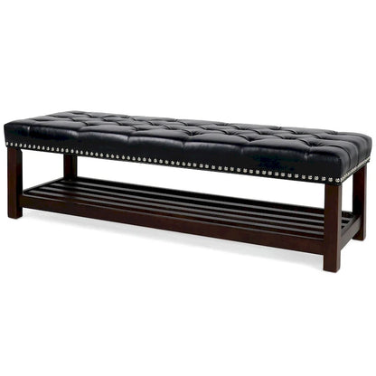 Wooden Base Upholstered Bench for Bedroom for Entryway,60 with Nailhead Trim and Shelf