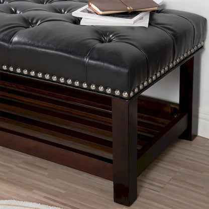 Wooden Base Upholstered Bench for Bedroom for Entryway,60 with Nailhead Trim and Shelf