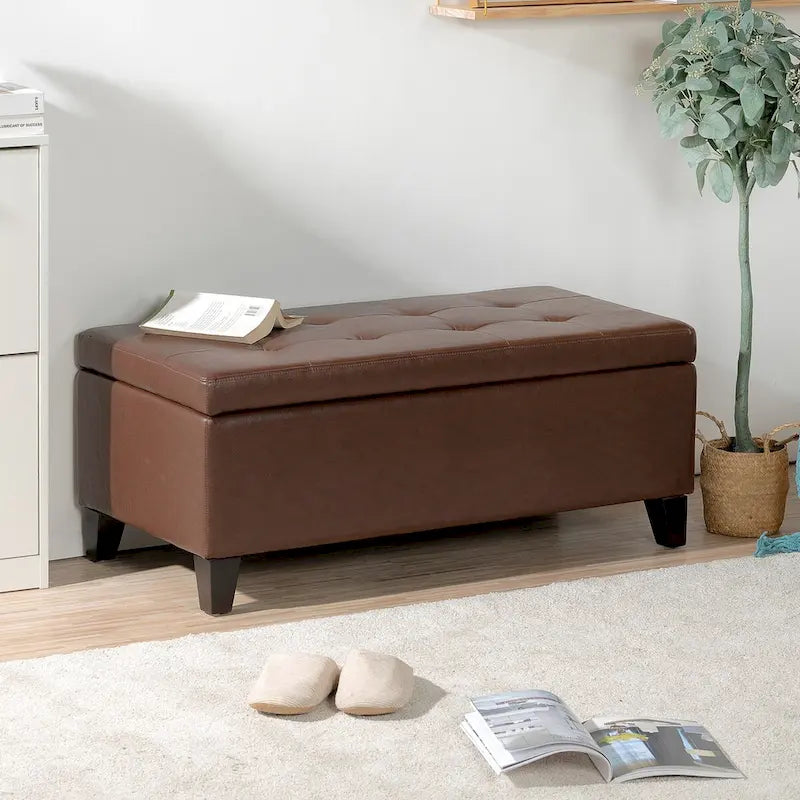 Storage Ottoman with Wooden Legs,Leather Ottoman with Storage for Living Room,Bedroom