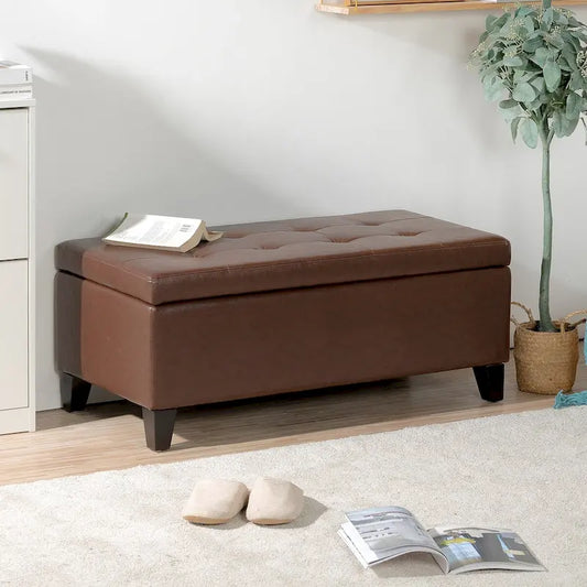 Storage Ottoman with Wooden Legs,Leather Ottoman with Storage for Living Room,Bedroom