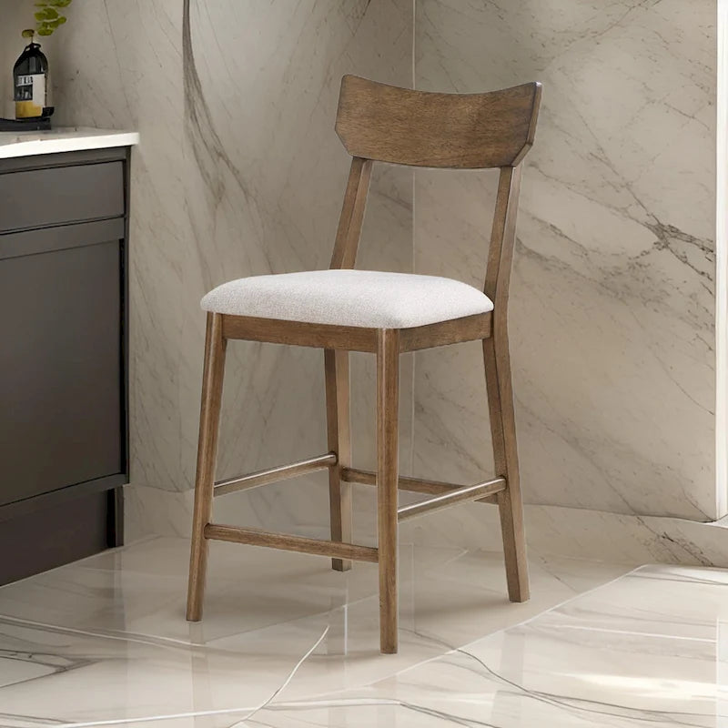 24 Inch Counter Height Chair, Set of 2, Seat Cushions, Beige Fabric, Brown