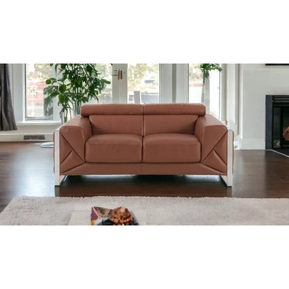 HomeRoots 75 Camel And Silver Italian Leather Loveseat
