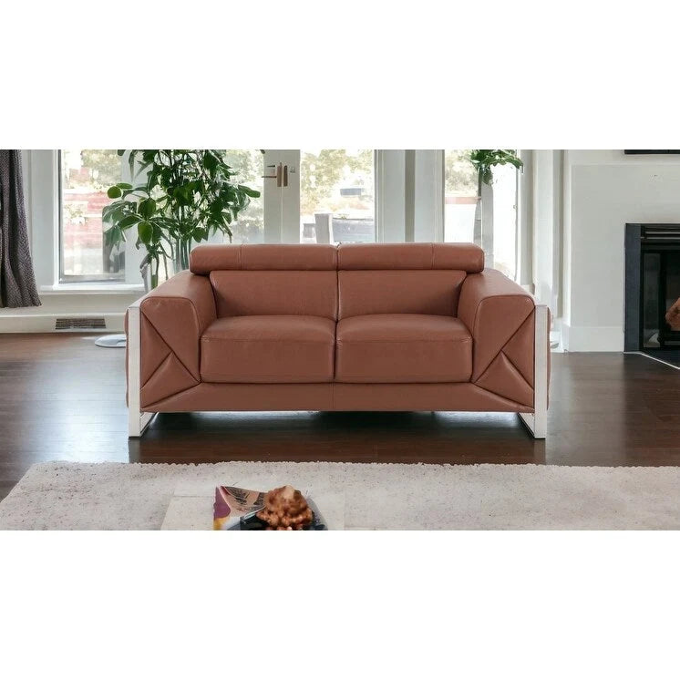 HomeRoots 75 Camel And Silver Italian Leather Loveseat