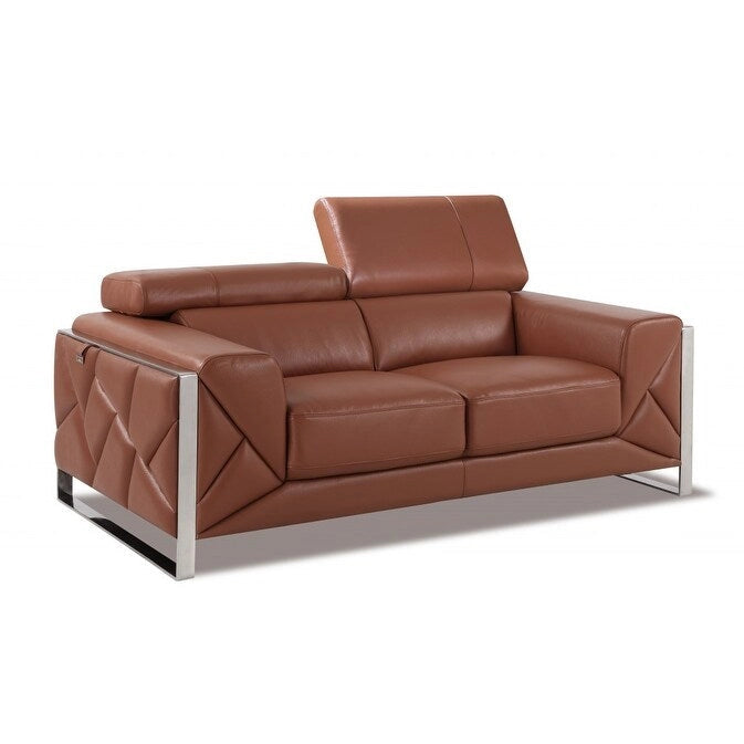 HomeRoots 75 Camel And Silver Italian Leather Loveseat