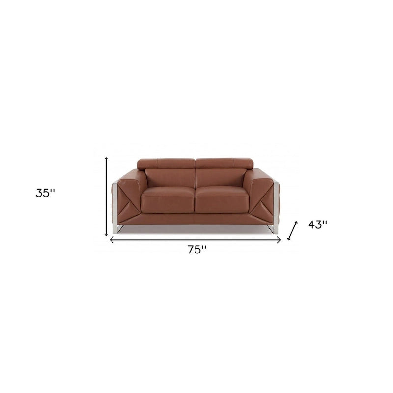 HomeRoots 75 Camel And Silver Italian Leather Loveseat