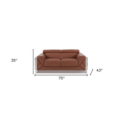 HomeRoots 75 Camel And Silver Italian Leather Loveseat