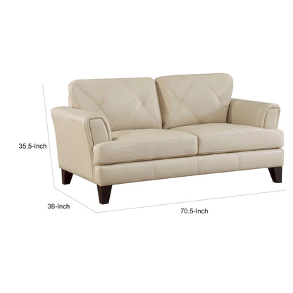 Lisa 71 Inch Loveseat, Cream Top Grain and Split Leather Brown Solid Wood