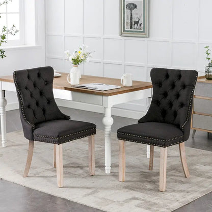 High-end Tufted Solid Wood Contemporary Flax Upholstered Linen Dining Chair with Wood Legs Nailhead Trim 2-Pcs Set