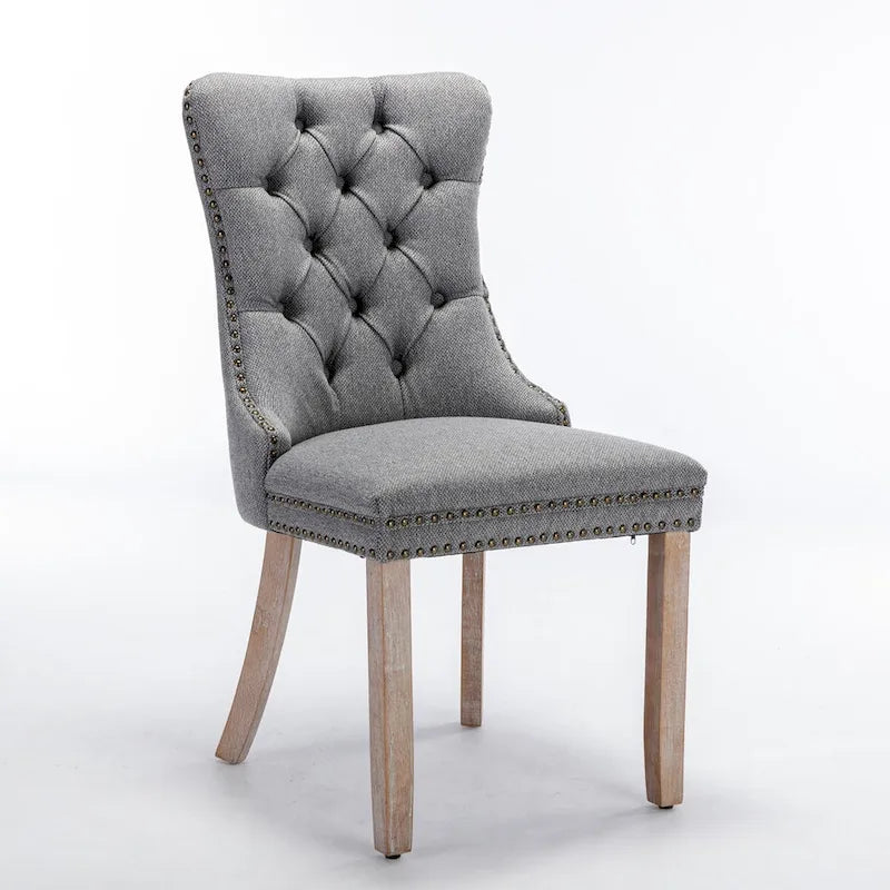 High-end Tufted Solid Wood Contemporary Flax Upholstered Linen Dining Chair with Wood Legs Nailhead Trim 2-Pcs Set