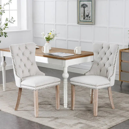 High-end Tufted Solid Wood Contemporary Flax Upholstered Linen Dining Chair with Wood Legs Nailhead Trim 2-Pcs Set