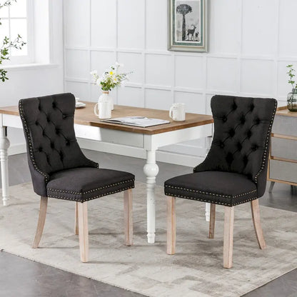 High-end Tufted Solid Wood Contemporary Flax Upholstered Linen Dining Chair with Wood Legs Nailhead Trim 2-Pcs Set