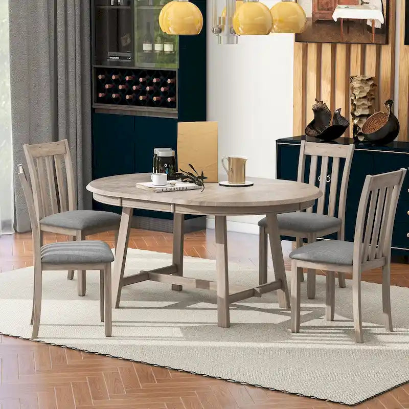 5-Piece Wood Dining Table Set Round Extendable Dining Table with 4 Dining Chairs, Dining Room Table Set for 4 person