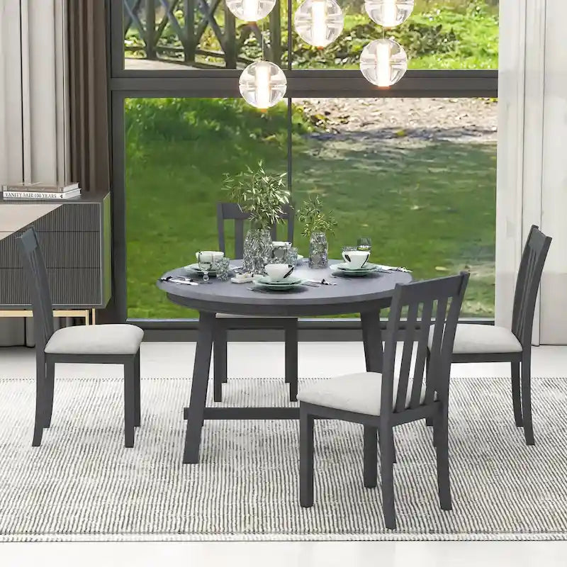 5-Piece Wood Dining Table Set Round Extendable Dining Table with 4 Dining Chairs, Dining Room Table Set for 4 person