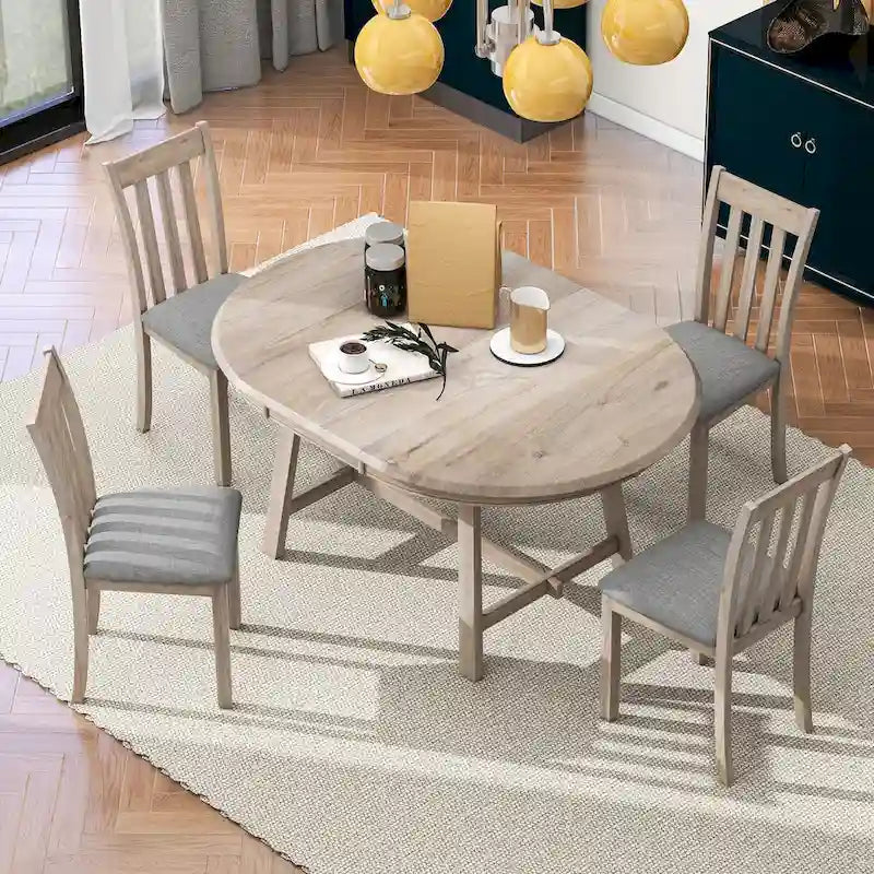 5-Piece Wood Dining Table Set Round Extendable Dining Table with 4 Dining Chairs, Dining Room Table Set for 4 person