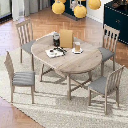 5-Piece Wood Dining Table Set Round Extendable Dining Table with 4 Dining Chairs, Dining Room Table Set for 4 person