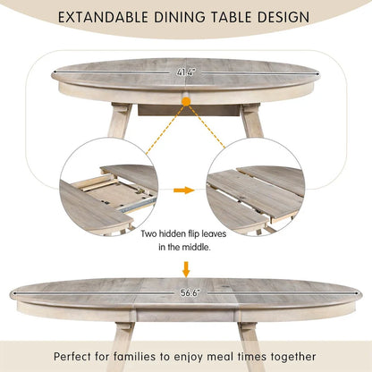 5-Piece Wood Dining Table Set Round Extendable Dining Table with 4 Dining Chairs, Dining Room Table Set for 4 person