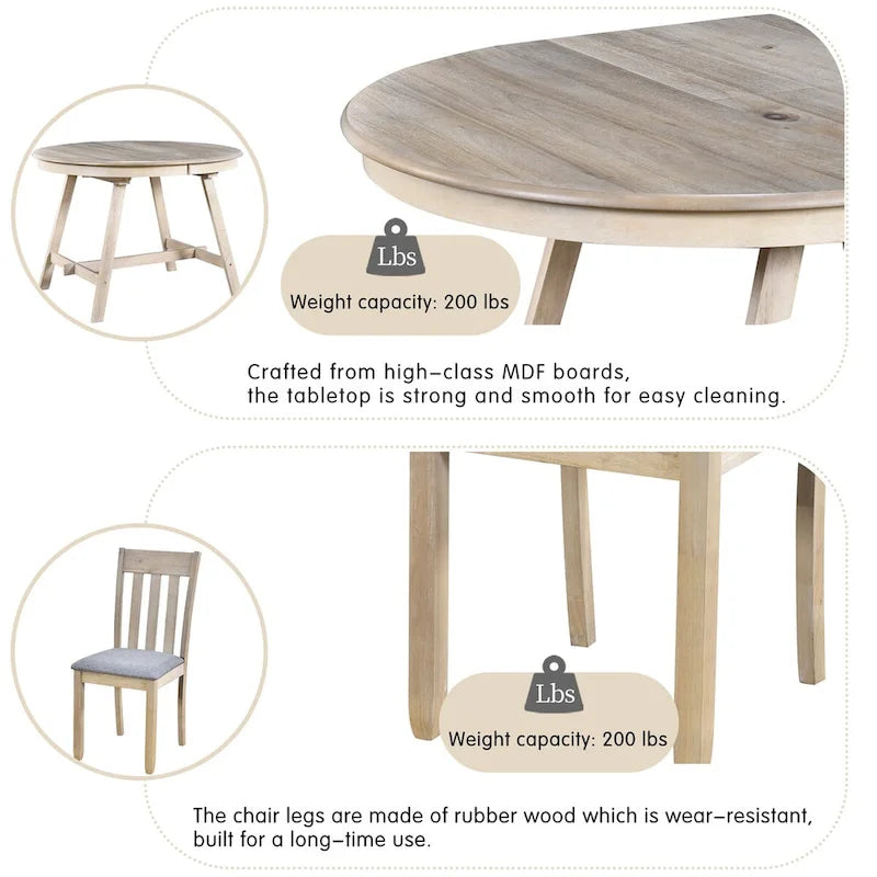 5-Piece Wood Dining Table Set Round Extendable Dining Table with 4 Dining Chairs, Dining Room Table Set for 4 person