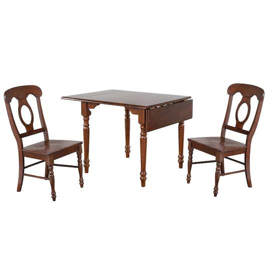 Andrews 3-Piece Solid Wood Top Distressed Chestnut Brown Dining Table Set with Expandable Drop Leaf and Napoleon Chairs
