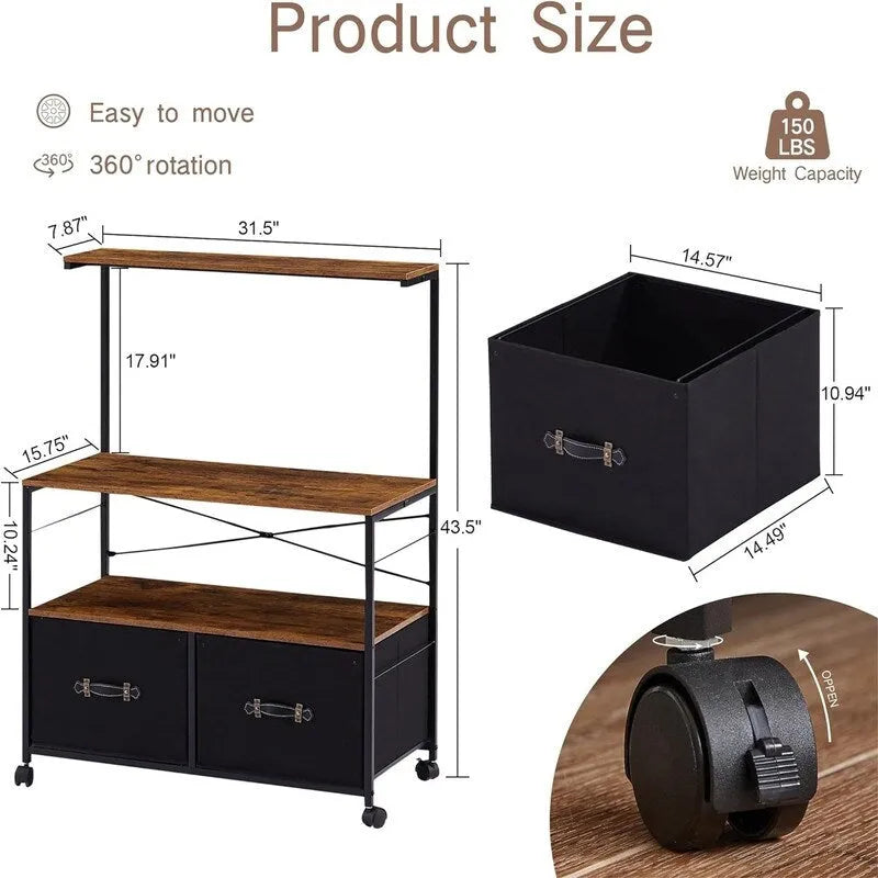 Mobile Lateral File Cabinet Rolling Printer Stand with 3 Open Storage Shelf - 15.75D x 31.5W x 43.5H