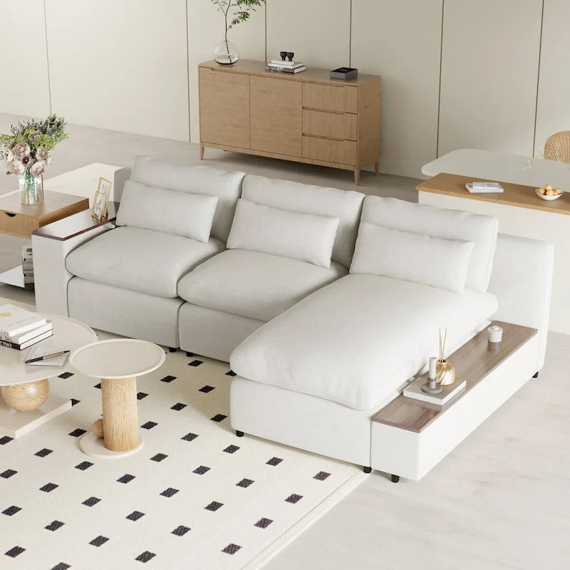 Beige L-Shaped Modular Sectional Sofa with Removable Back Cushions, 3 Pillows, and Storage Spaces