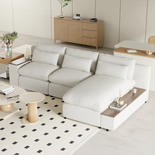 Beige L-Shaped Modular Sectional Sofa with Removable Back Cushions, 3 Pillows, and Storage Spaces