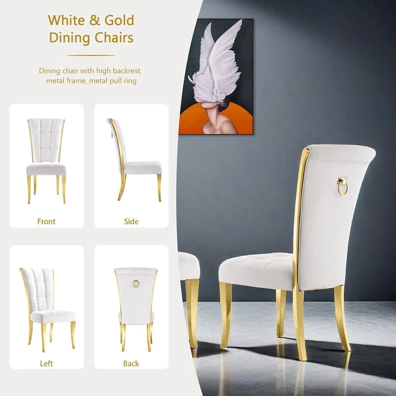 Luxury White Velvet Dining Chairs with Pull Ring on Back and Polished Gold Legs
