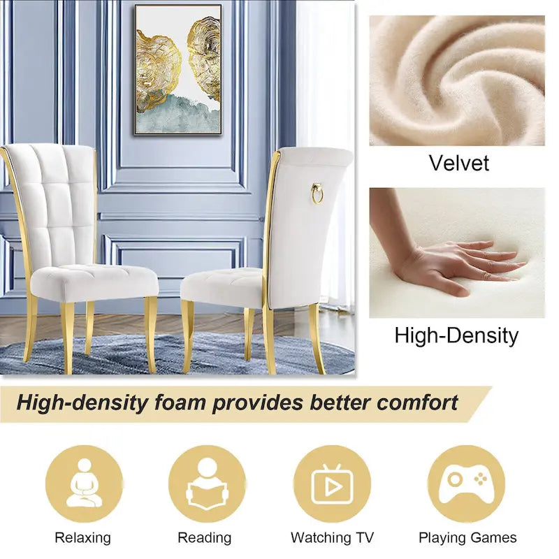 Luxury White Velvet Dining Chairs with Pull Ring on Back and Polished Gold Legs