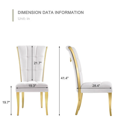Luxury White Velvet Dining Chairs with Pull Ring on Back and Polished Gold Legs