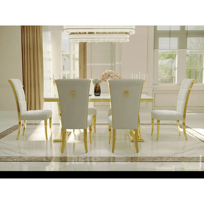 Luxury White Velvet Dining Chairs with Pull Ring on Back and Polished Gold Legs