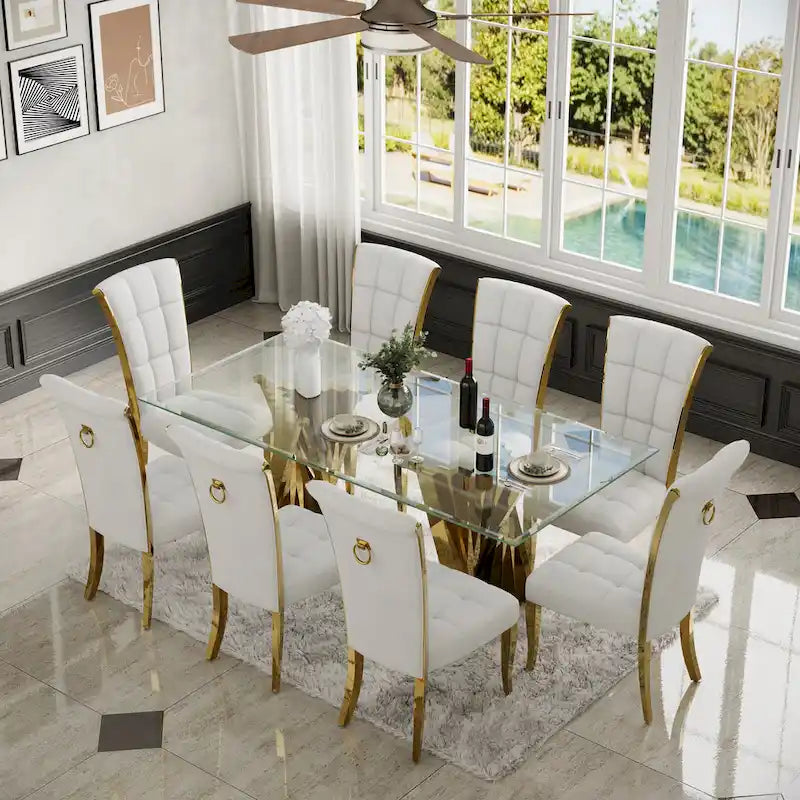 Luxury White Velvet Dining Chairs with Pull Ring on Back and Polished Gold Legs