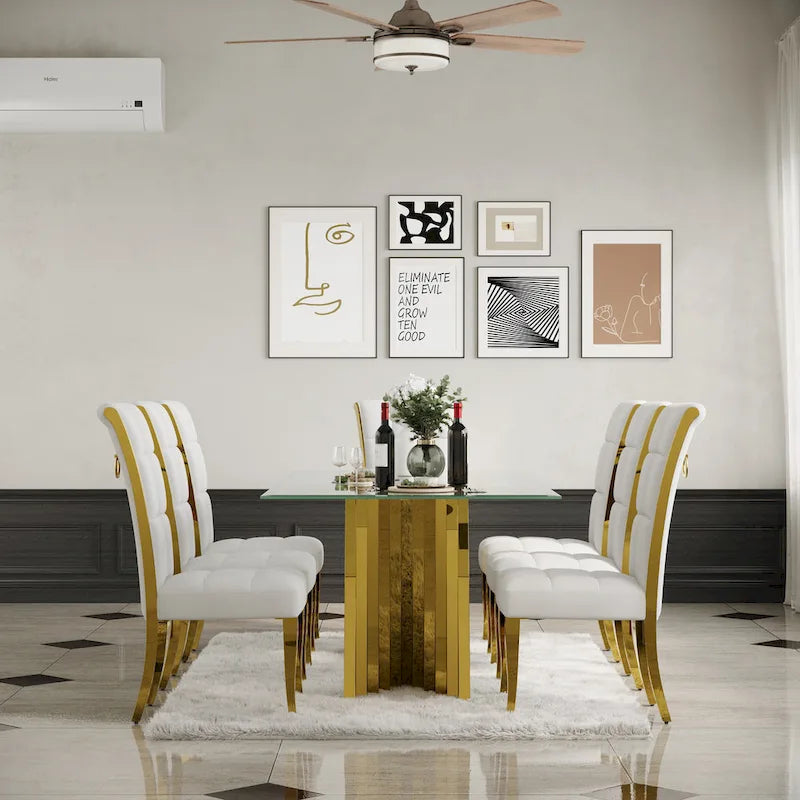 Luxury White Velvet Dining Chairs with Pull Ring on Back and Polished Gold Legs