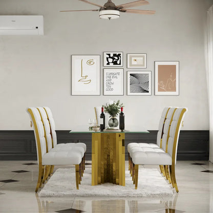 Luxury White Velvet Dining Chairs with Pull Ring on Back and Polished Gold Legs