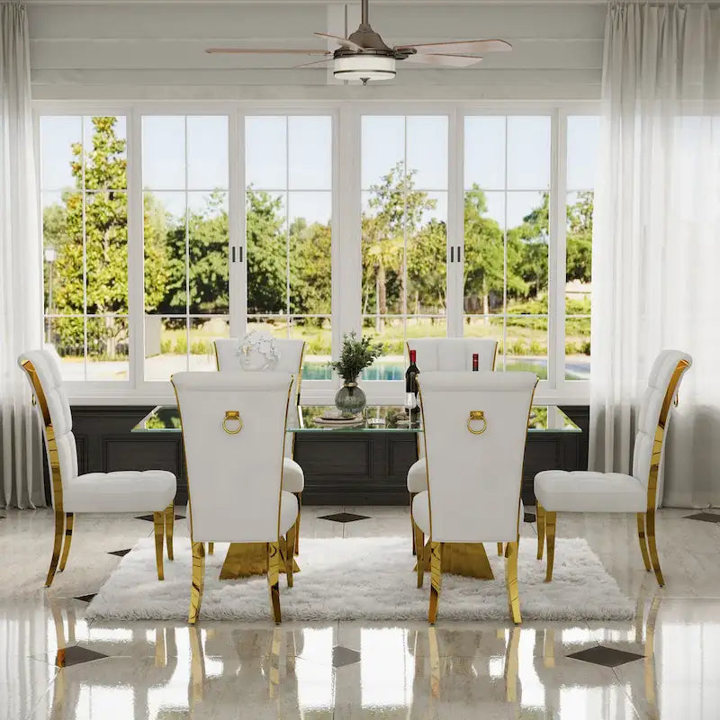 Luxury White Velvet Dining Chairs with Pull Ring on Back and Polished Gold Legs