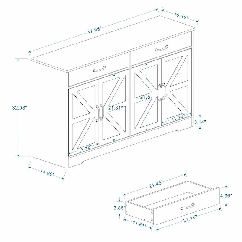 Farmhouse Buffet Cabinet: Rustic Charm with 2 Drawers, 4 Doors